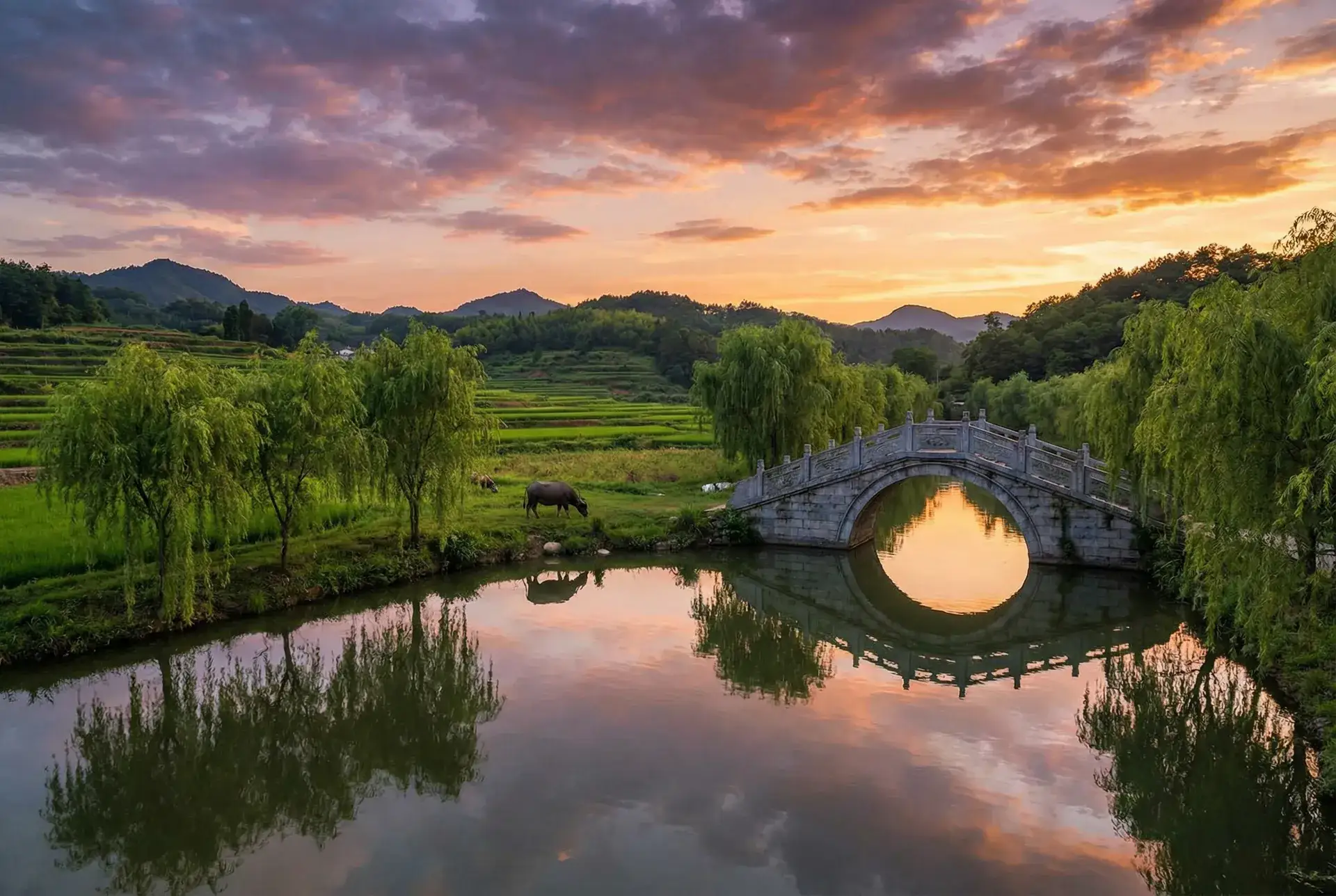 夕阳下的石拱桥与垂柳，水牛在河边吃草 - 久久新地址获取 乡村美景