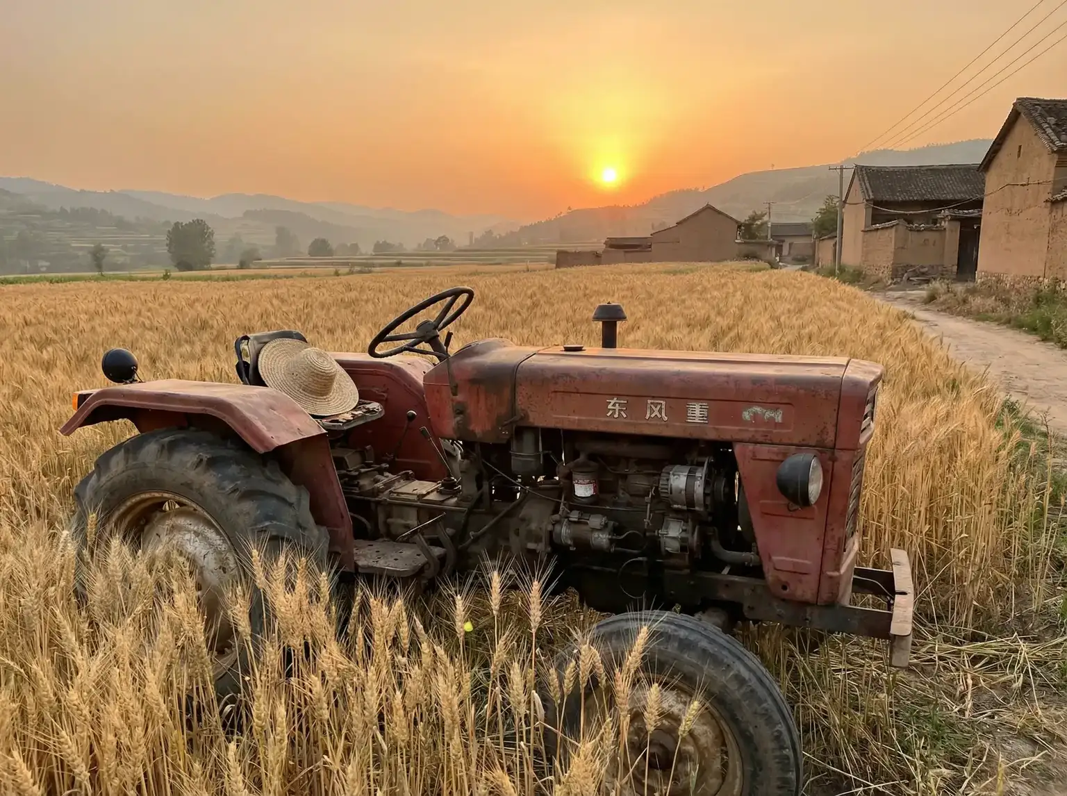 夕阳下的老式拖拉机停在麦田边 - 久久新地址获取 田间记忆